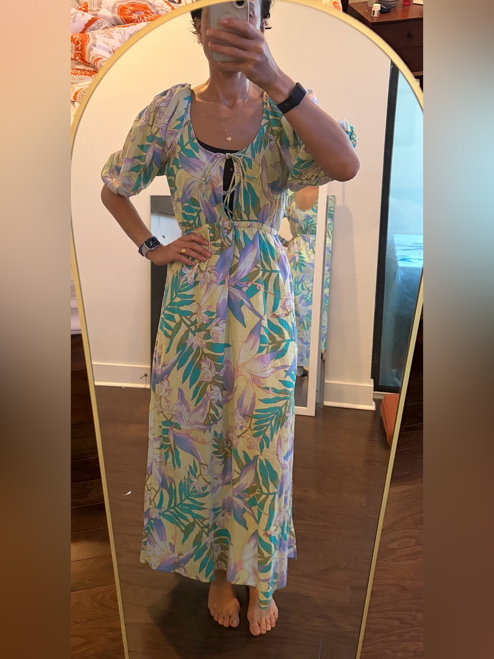 Billabong Floral Puff-Sleeve Maxi Dress in Pastel Yellow and Mint size M